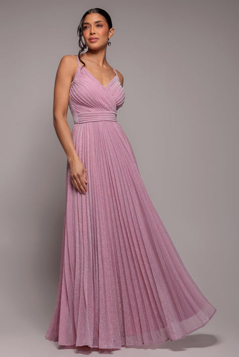 Goddiva Sleeveless Pleated A Line Lurex Maxi Dress - Pink