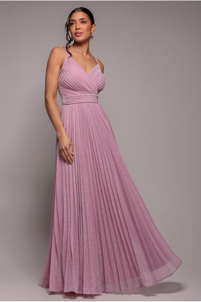 Goddiva Sleeveless Pleated A Line Lurex Maxi Dress - Pink