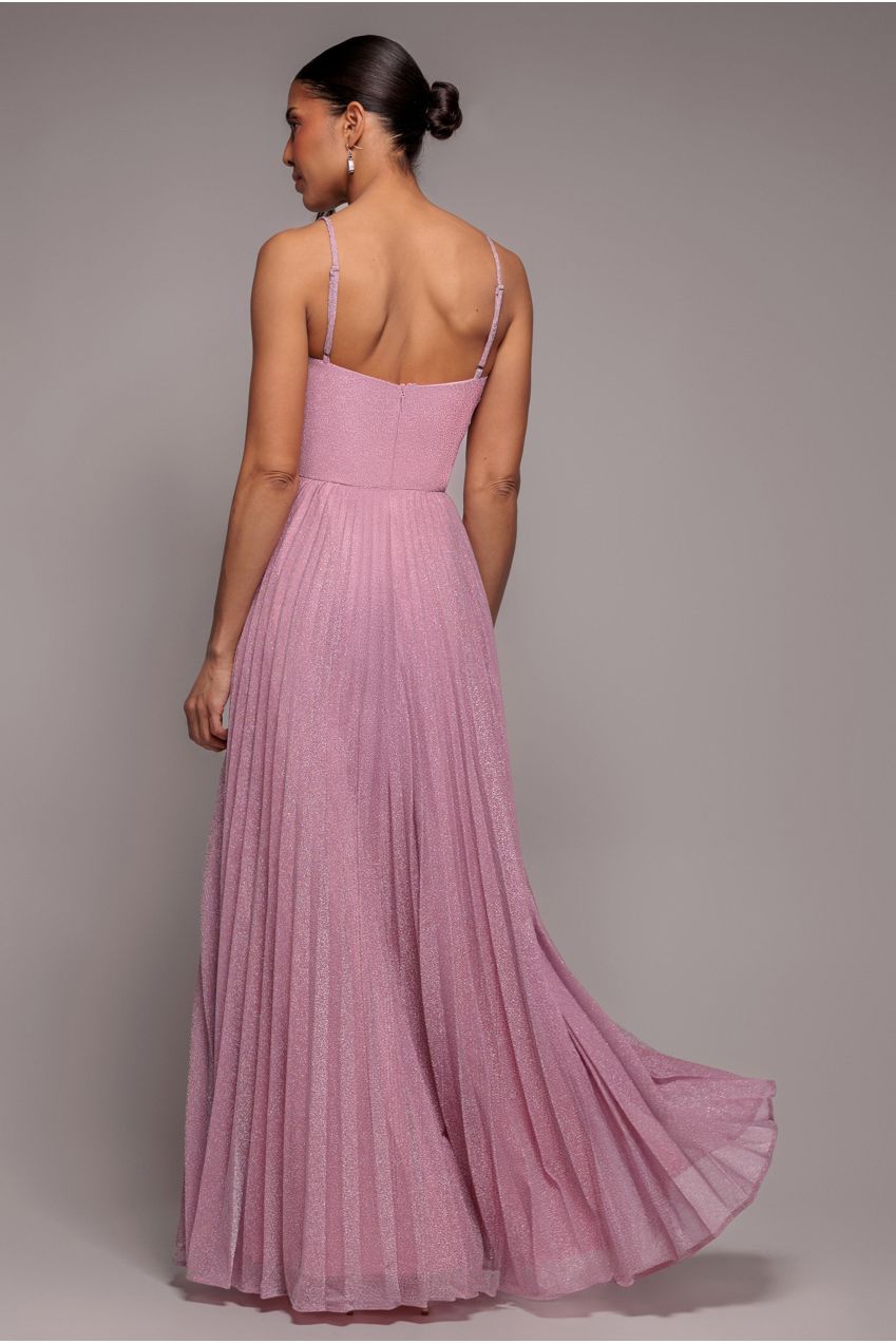 Goddiva Sleeveless Pleated A Line Lurex Maxi Dress - Pink