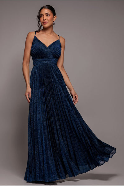 Navy - Goddiva Sleeveless Pleated A Line Lurex Maxi Dress - Navy Blue