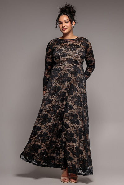 Black - Goddiva Plus Scalloped Lace A-Line Maxi Dress - Black