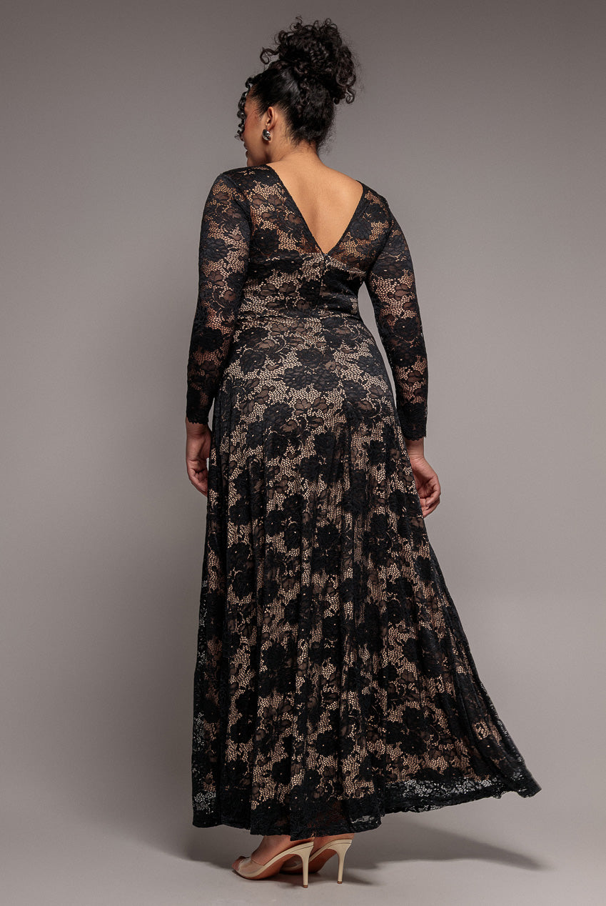 Goddiva Plus Scalloped Lace A-Line Maxi Dress - Black