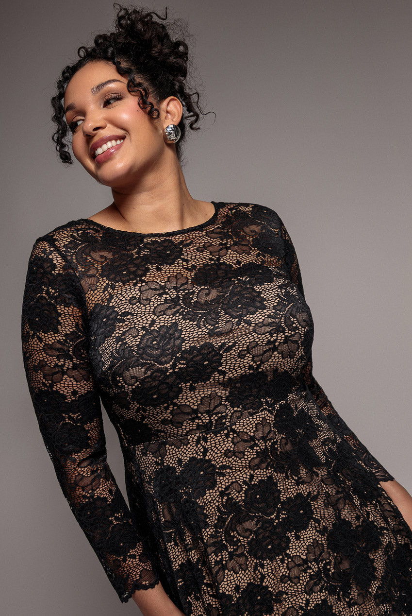 Goddiva Plus Scalloped Lace A-Line Maxi Dress - Black