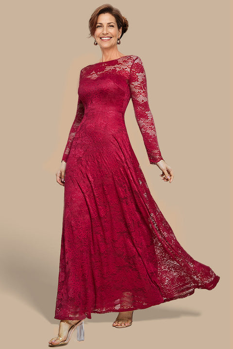 Goddiva Scalloped Lace A-Line Maxi Dress - Wine
