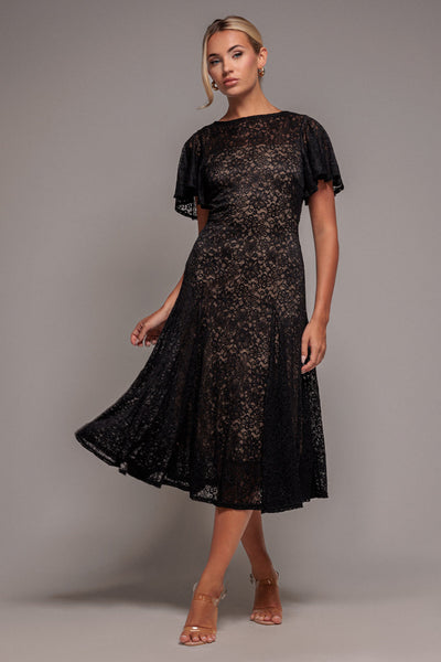 Black - Goddiva Flutter Sleeve Lace A-Line Midi Dress - Black