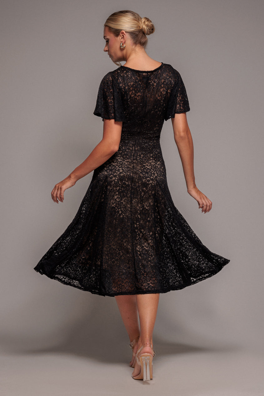 Goddiva Flutter Sleeve Lace A-Line Midi Dress - Black