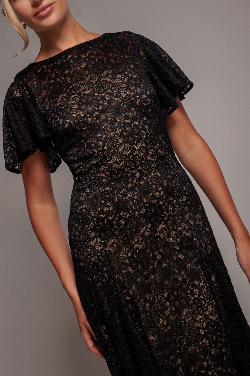 Goddiva Flutter Sleeve Lace A-Line Midi Dress - Black