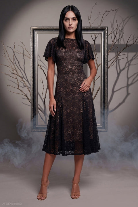 Goddiva Short Sleeve A-line Midi Wednesday Addams-Inspired Halloween Costume - Black