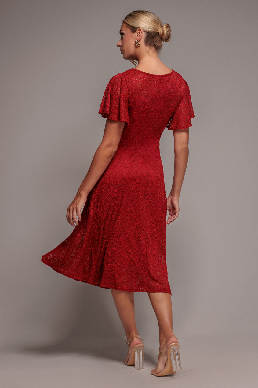 Goddiva Flutter Sleeve Lace A-Line Midi Dress - Red