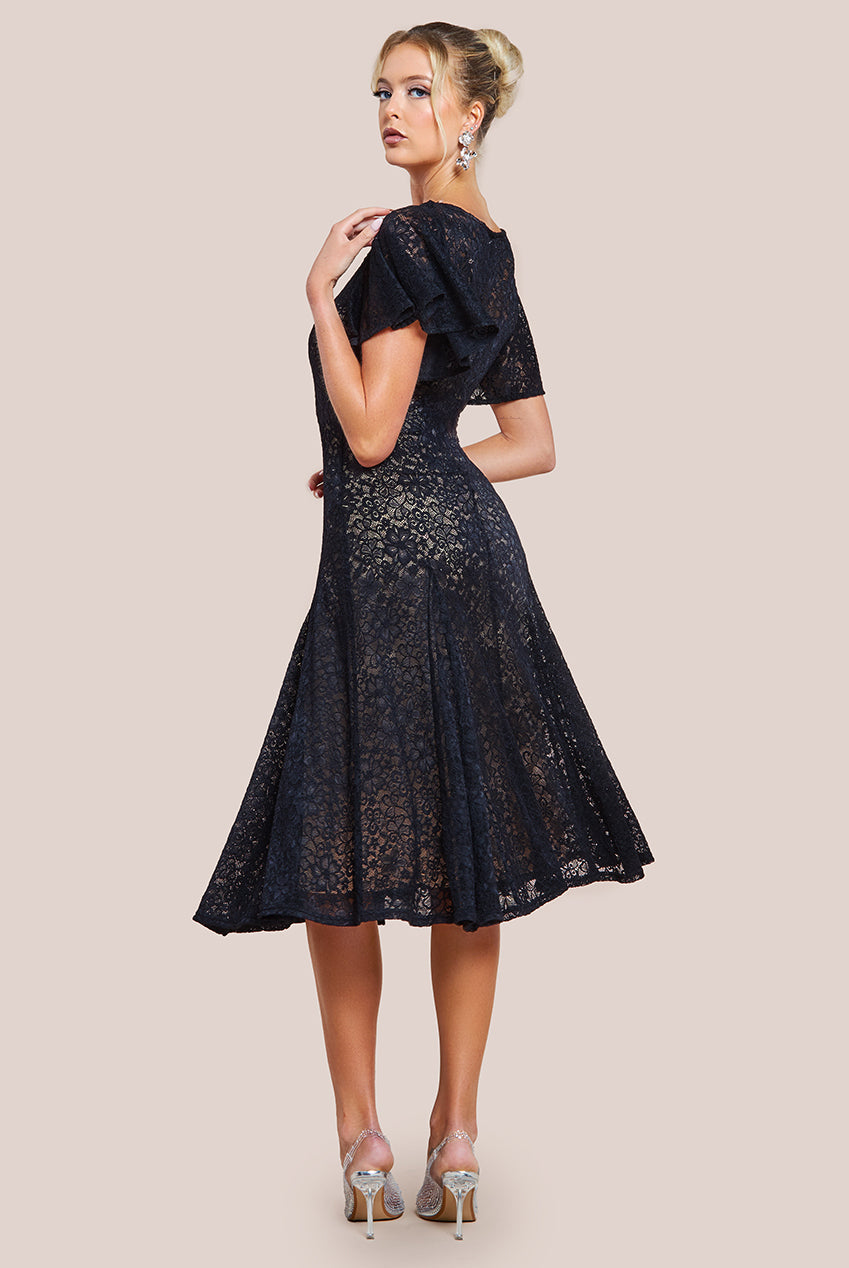 Goddiva Flutter Sleeve Lace A-Line Midi Dress - Black