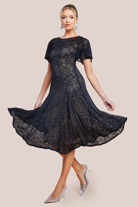 Goddiva Flutter Sleeve Lace A-Line Midi Dress - Black