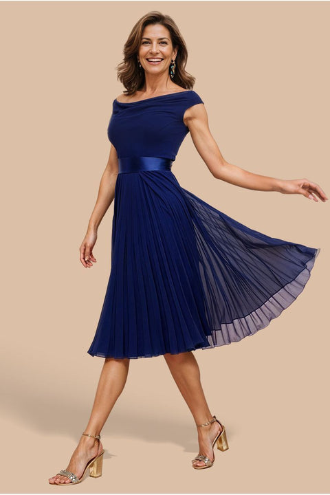 Goddiva Cowl Neck Pleated A-Line Chiffon Midi Dress - Navy Blue