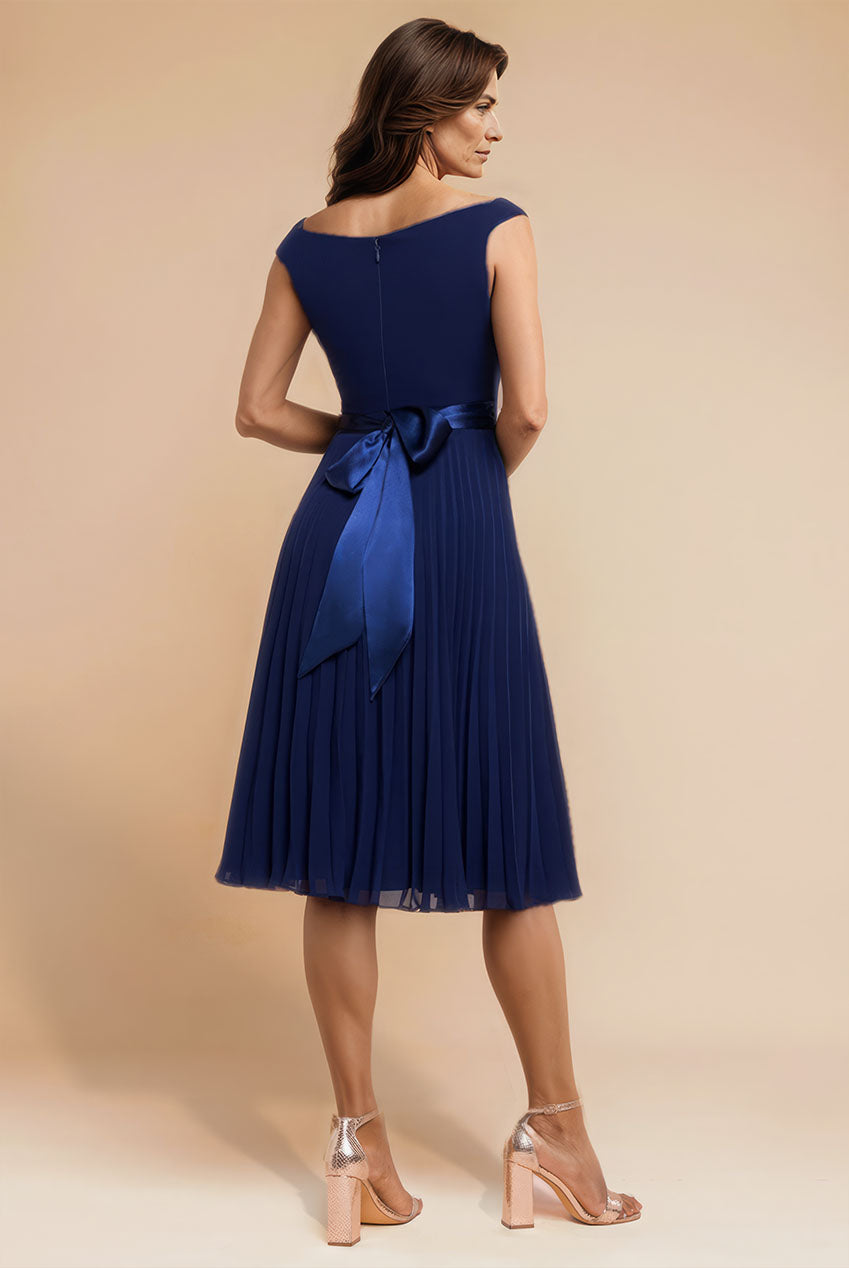 Goddiva Cowl Neck Pleated A-Line Chiffon Midi Dress - Navy Blue