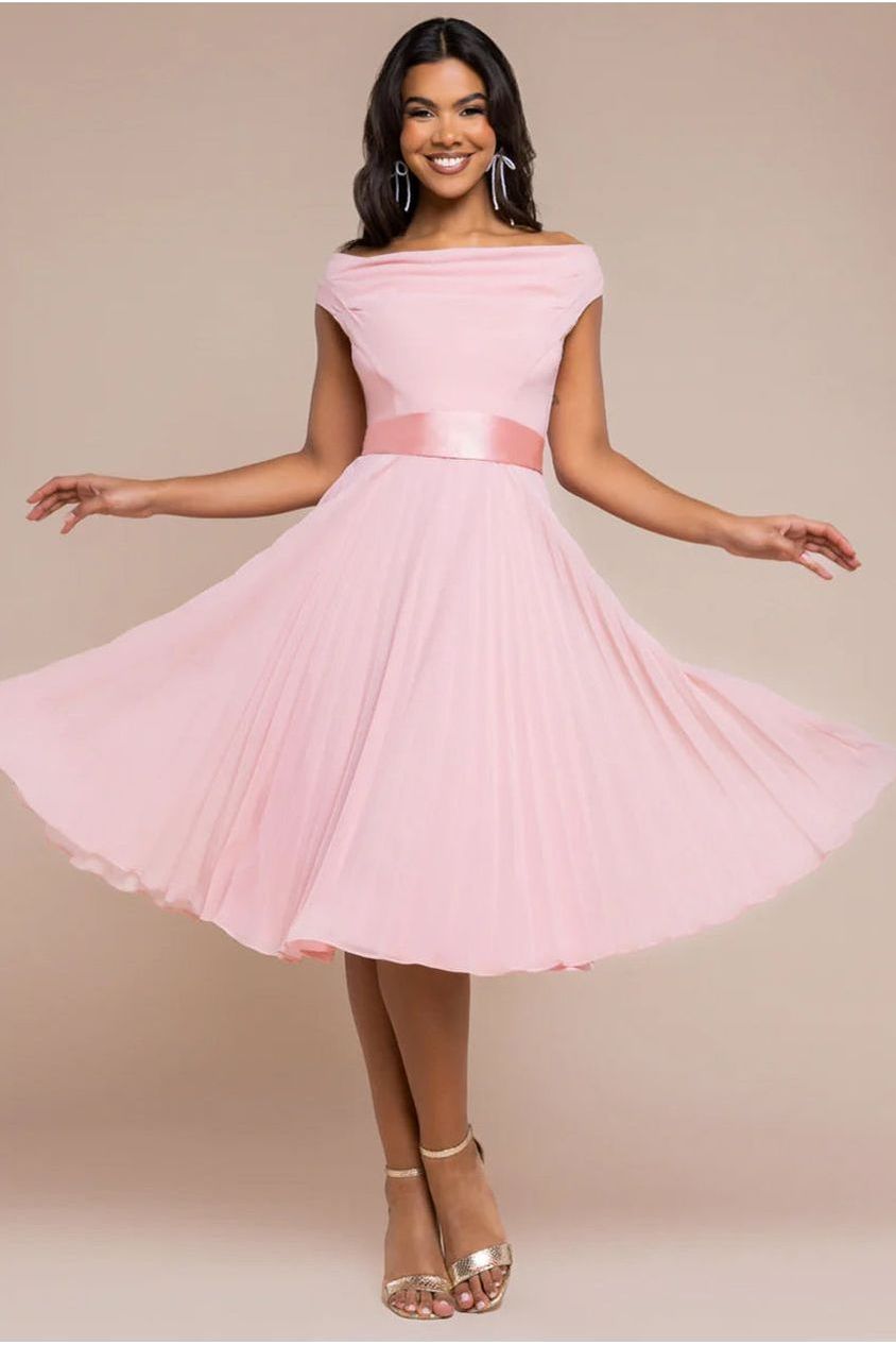 Goddiva Cowl Neck Pleated A-Line Chiffon Midi Dress - Blush Pink