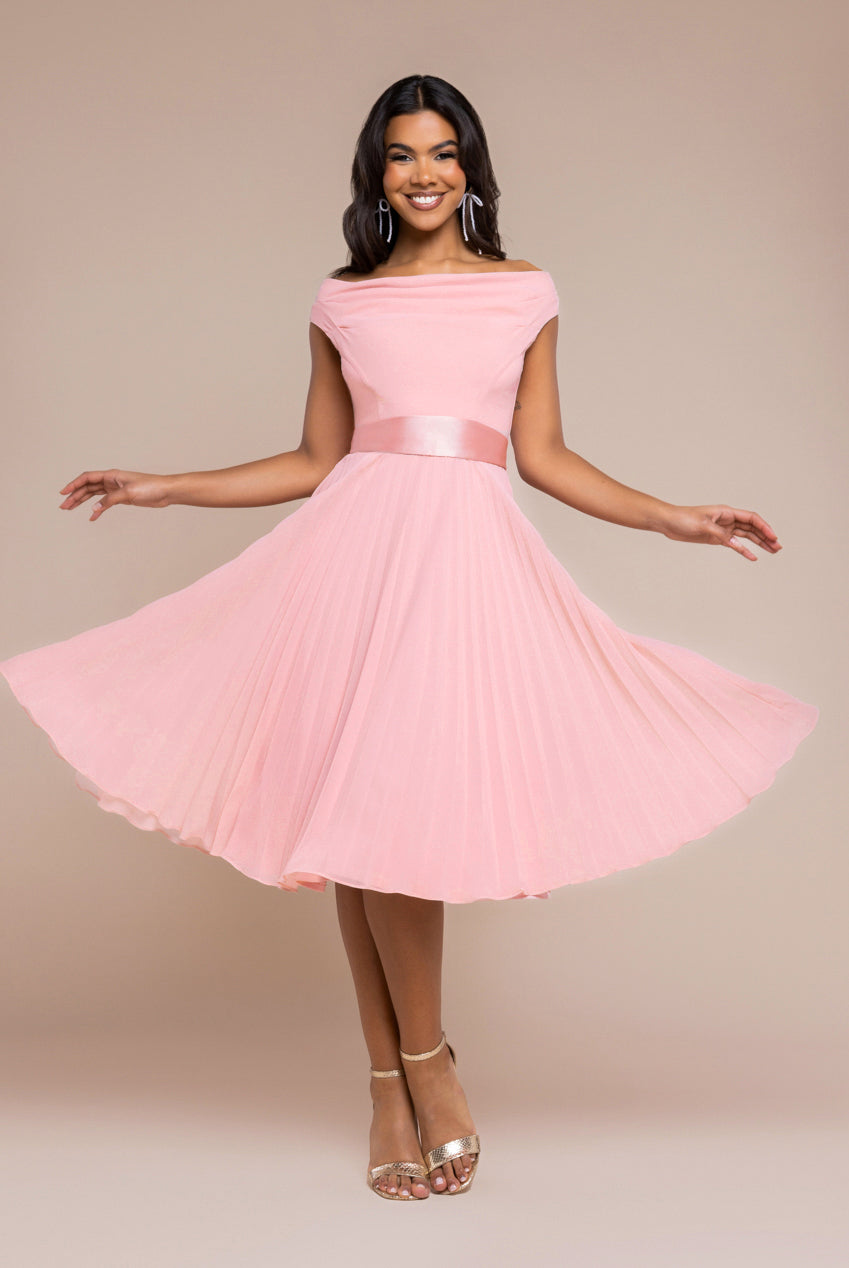 Goddiva Cowl Neck Pleated A-Line Chiffon Midi Dress - Blush Pink