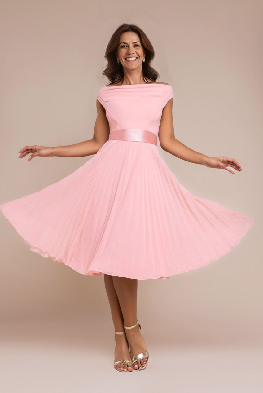 Goddiva Cowl Neck Pleated A-Line Chiffon Midi Dress - Blush Pink