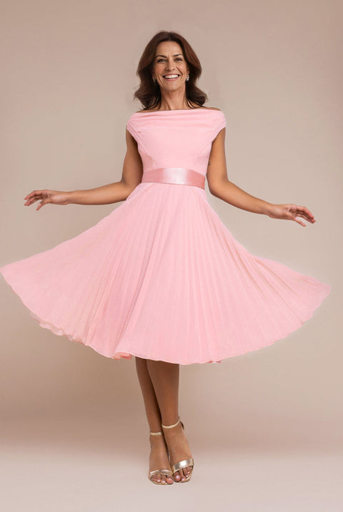 Goddiva Cowl Neck Pleated A-Line Chiffon Midi Dress - Blush Pink