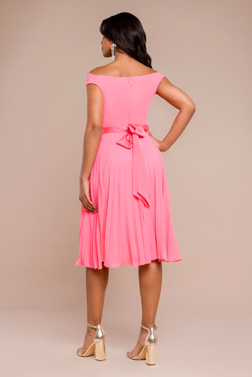 Goddiva Cowl Neck Pleated A-Line Chiffon Midi Dress - Coral