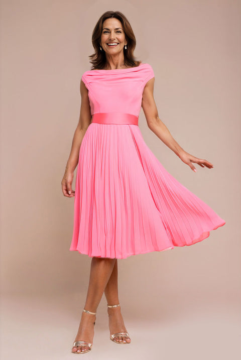 Goddiva Cowl Neck Pleated A-Line Chiffon Midi Dress - Coral