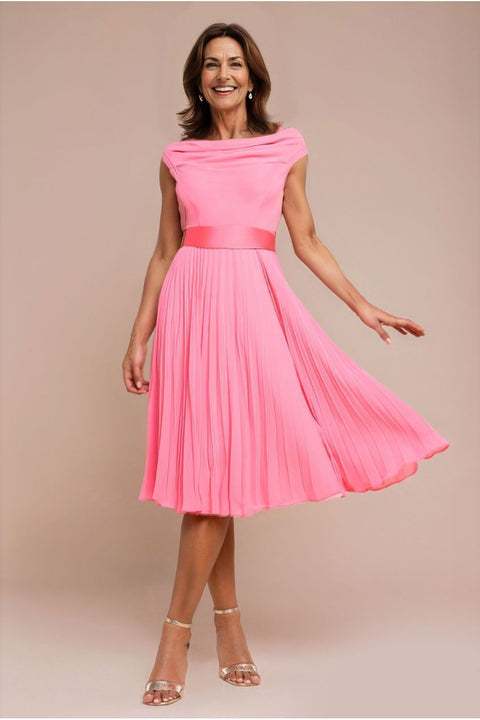 Goddiva Cowl Neck Pleated A-Line Chiffon Midi Dress - Coral