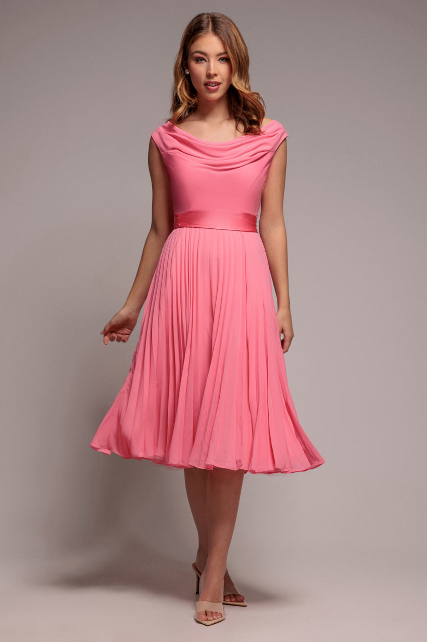 Goddiva Cowl Neck Pleated A-Line Chiffon Midi Dress - Coral