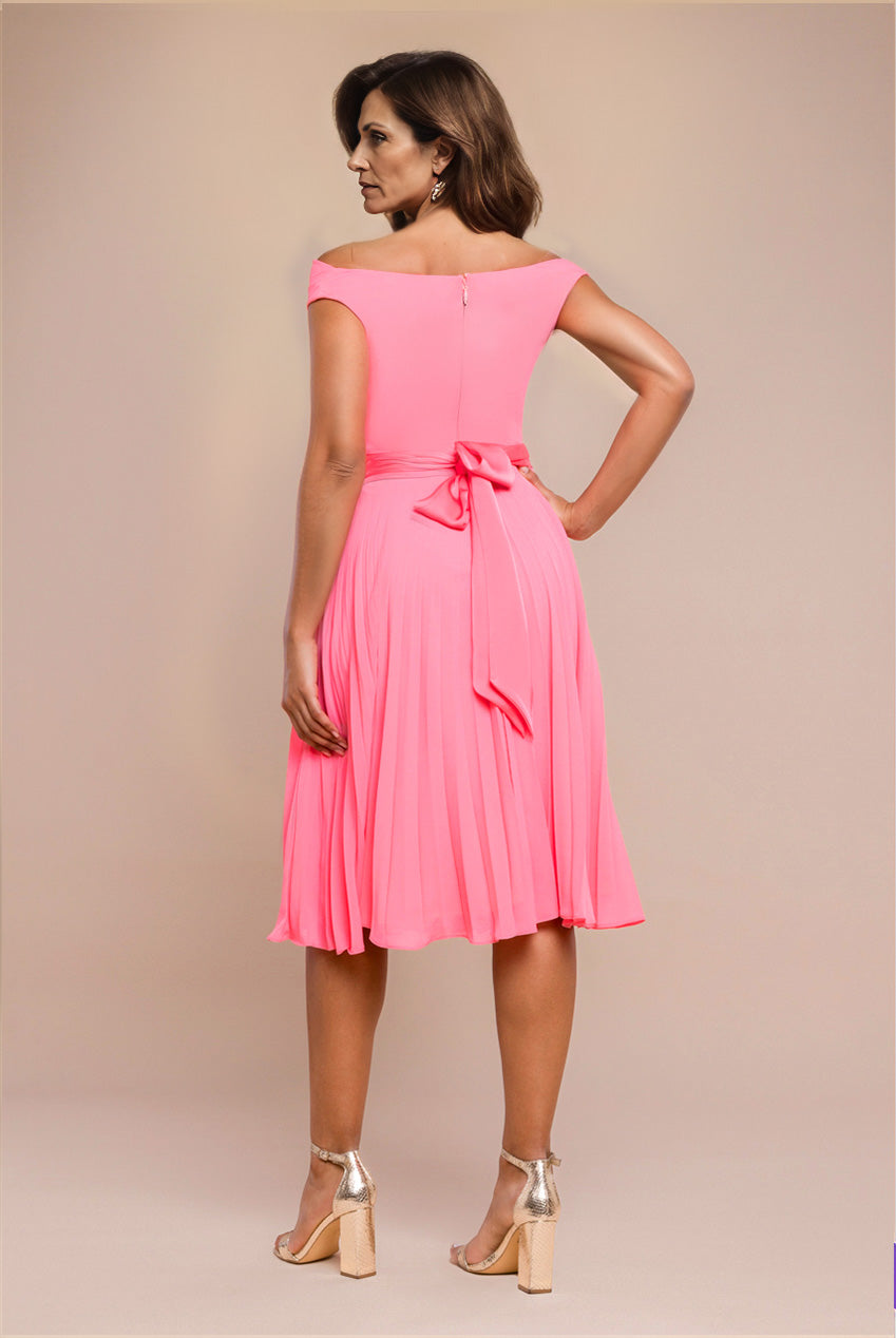 Goddiva Cowl Neck Pleated A-Line Chiffon Midi Dress - Coral
