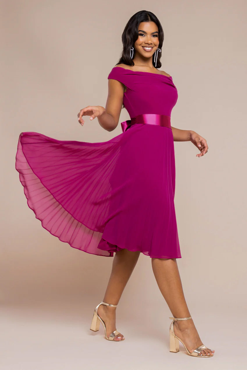 Goddiva Cowl Neck Pleated A-Line Chiffon Midi Dress - Magenta