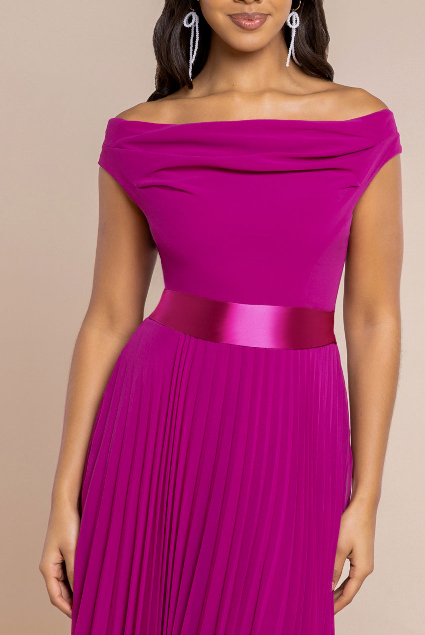 Goddiva Cowl Neck Pleated A-Line Chiffon Midi Dress - Magenta