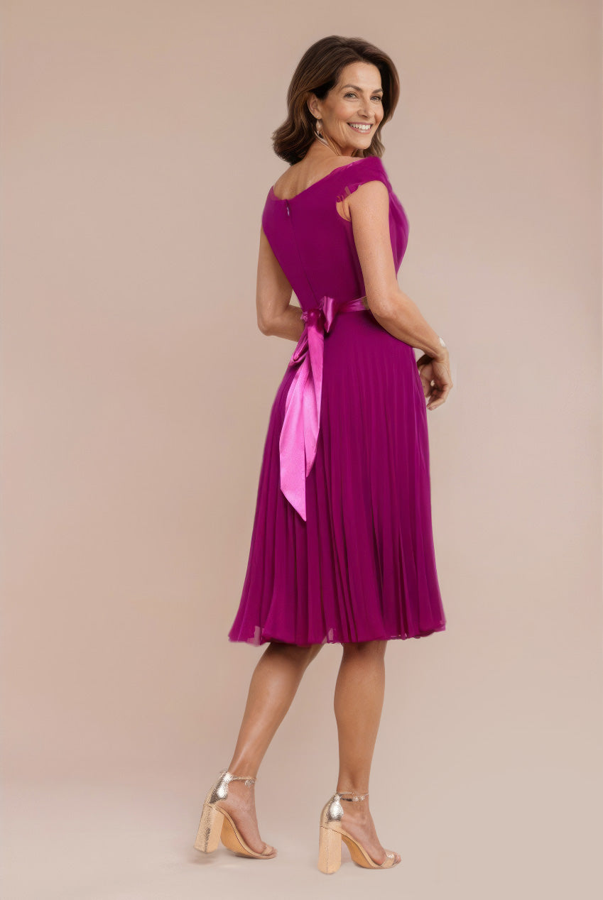 Goddiva Cowl Neck Pleated A-Line Chiffon Midi Dress - Magenta