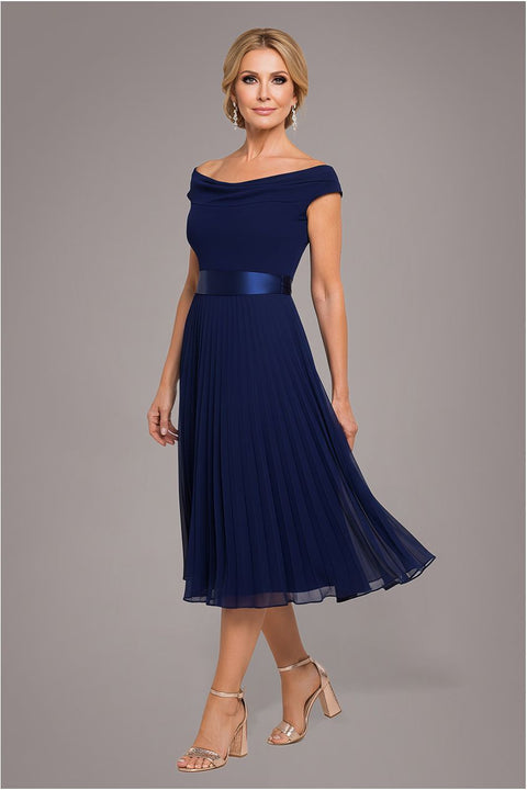 Goddiva Cowl Neck Pleated A-Line Chiffon Midi Dress - Navy Blue