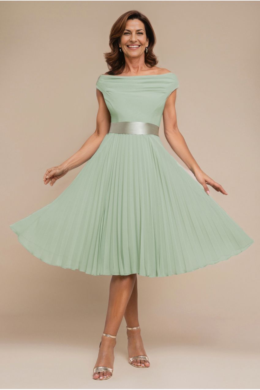Goddiva Cowl Neck Pleated A-Line Chiffon Midi Dress - Sage Green