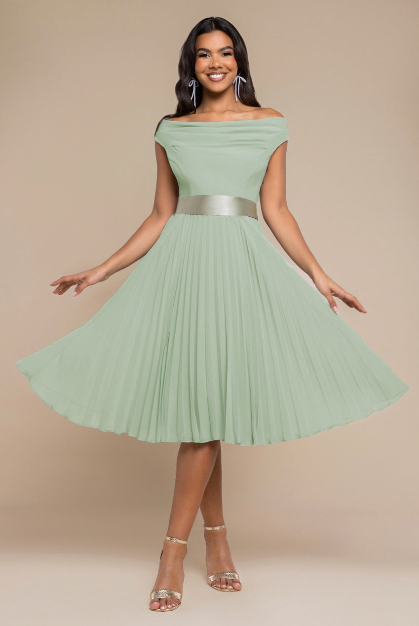 Goddiva Cowl Neck Pleated A-Line Chiffon Midi Dress - Sage Green