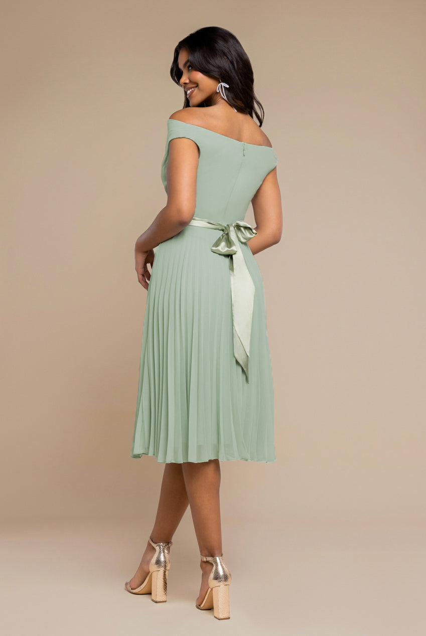 Goddiva Cowl Neck Pleated A-Line Chiffon Midi Dress - Sage Green