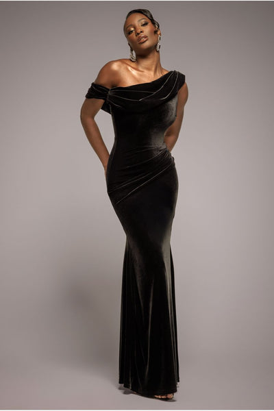 Black - Goddiva Cowl One Shoulder Velvet Maxi Dress - Black