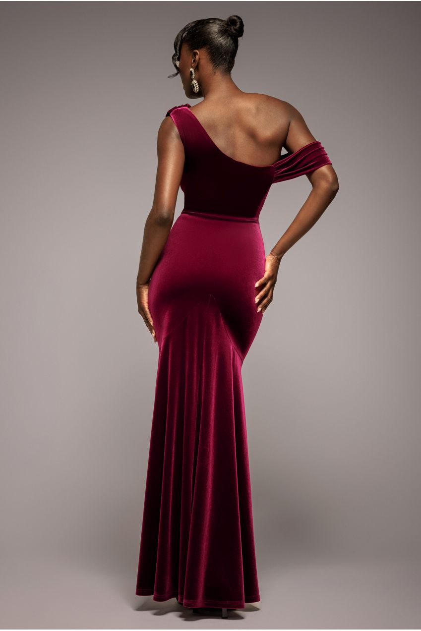 Goddiva Cowl One Shoulder Velvet Maxi Dress - Burgundy Red