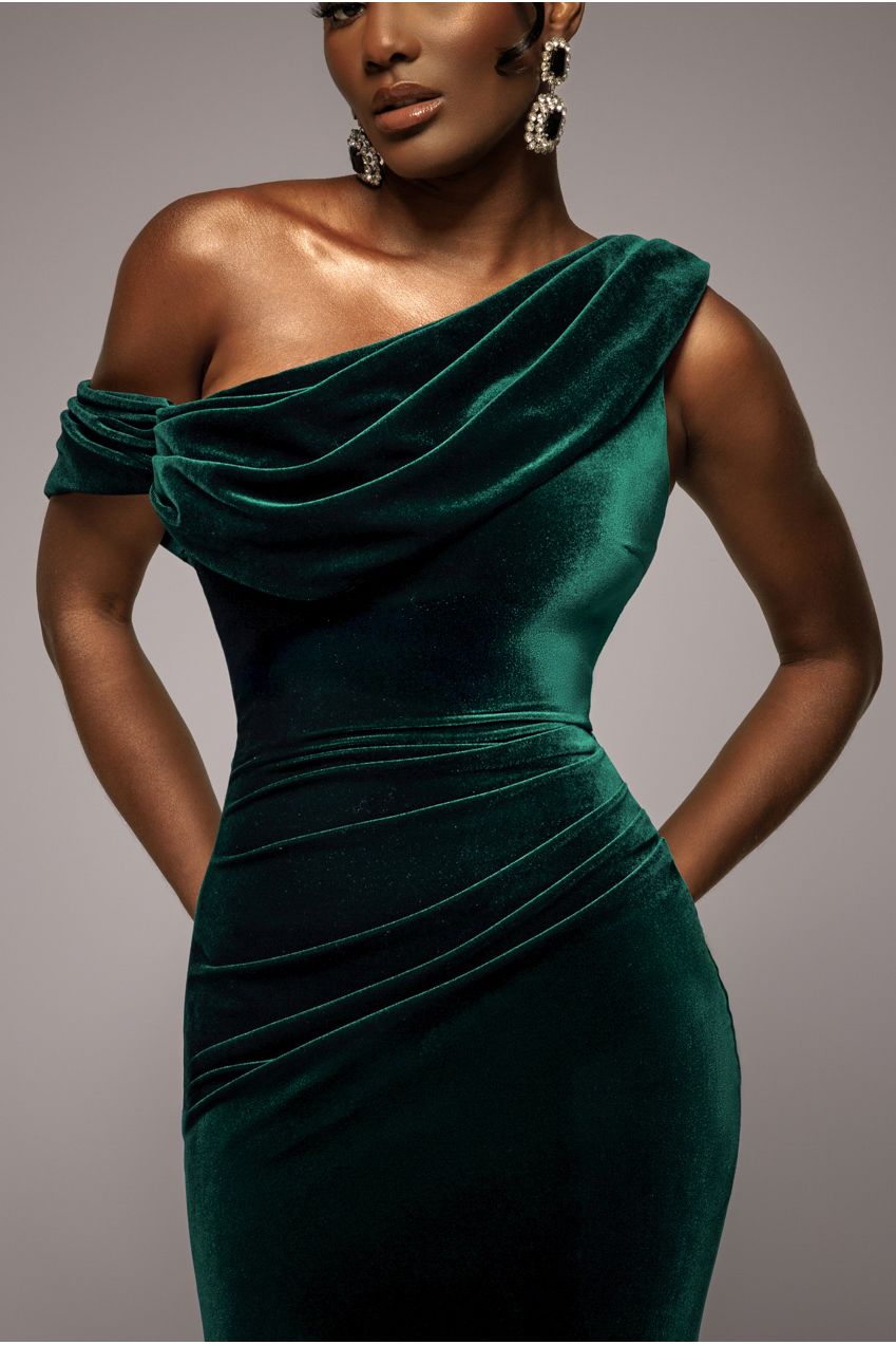 Goddiva Cowl One Shoulder Velvet Maxi Dress - Emerald Green