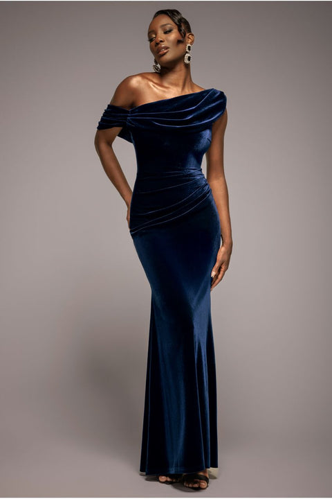 Goddiva Cowl One Shoulder Velvet Maxi Dress - Navy Blue