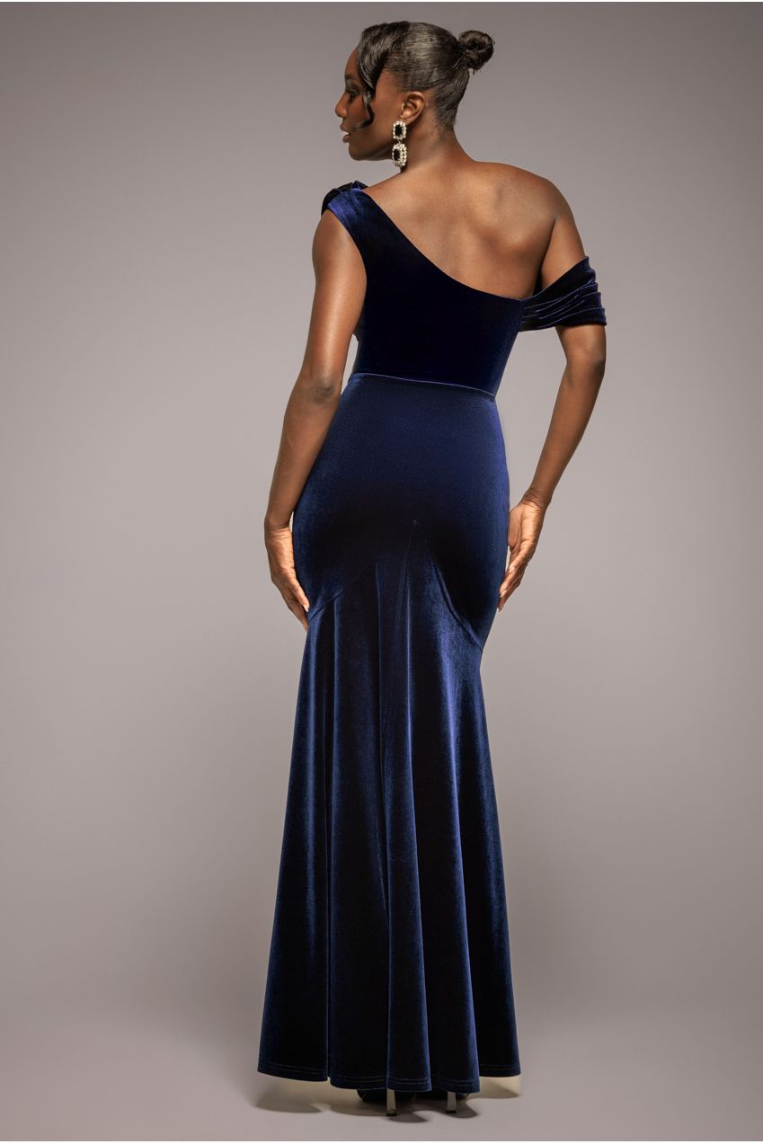 Goddiva Cowl One Shoulder Velvet Maxi Dress - Navy Blue