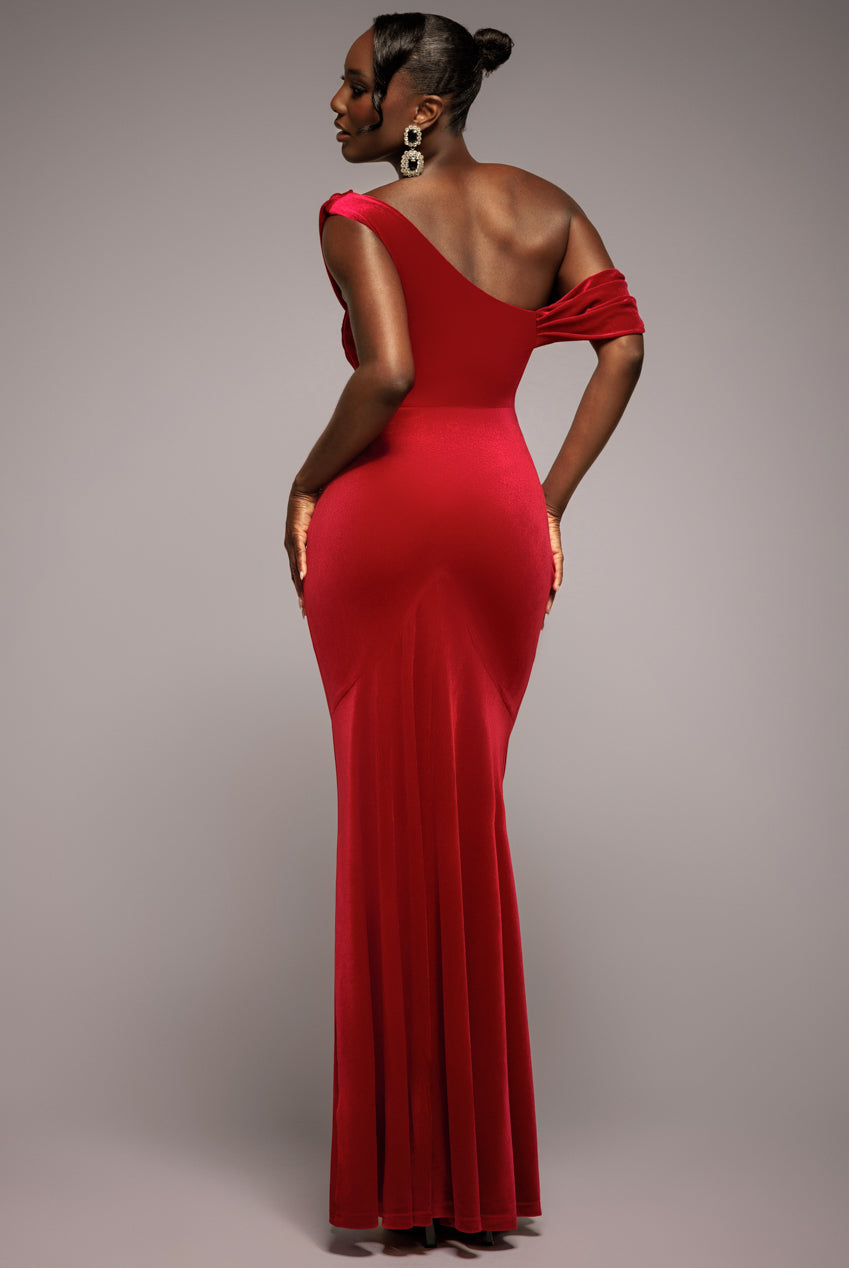 Goddiva Cowl One Shoulder Velvet Maxi Dress - Red