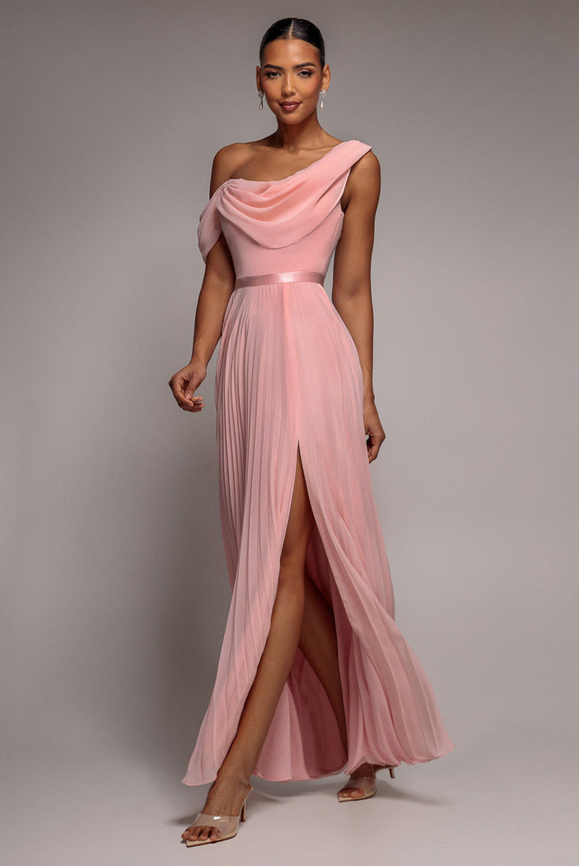 Goddiva Cowl Neck One Shoulder A Line Chiffon Maxi Dress - Blush Pink