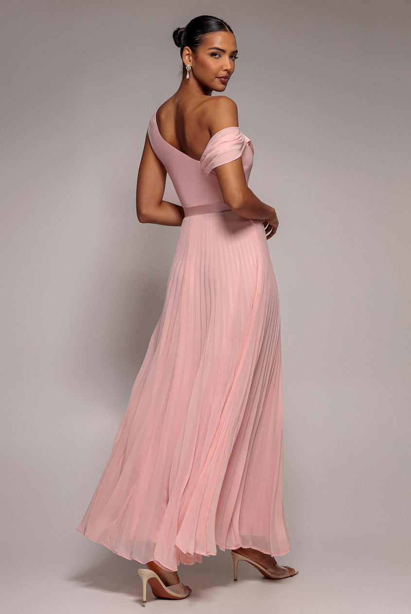 Goddiva Cowl Neck One Shoulder A Line Chiffon Maxi Dress - Blush Pink