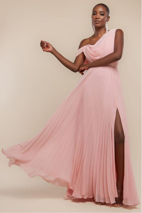 Goddiva Cowl Neck One Shoulder A Line Chiffon Maxi Dress - Blush Pink