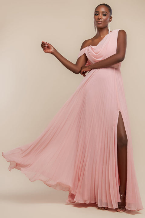 Goddiva Cowl Neck One Shoulder A Line Chiffon Maxi Dress - Blush Pink