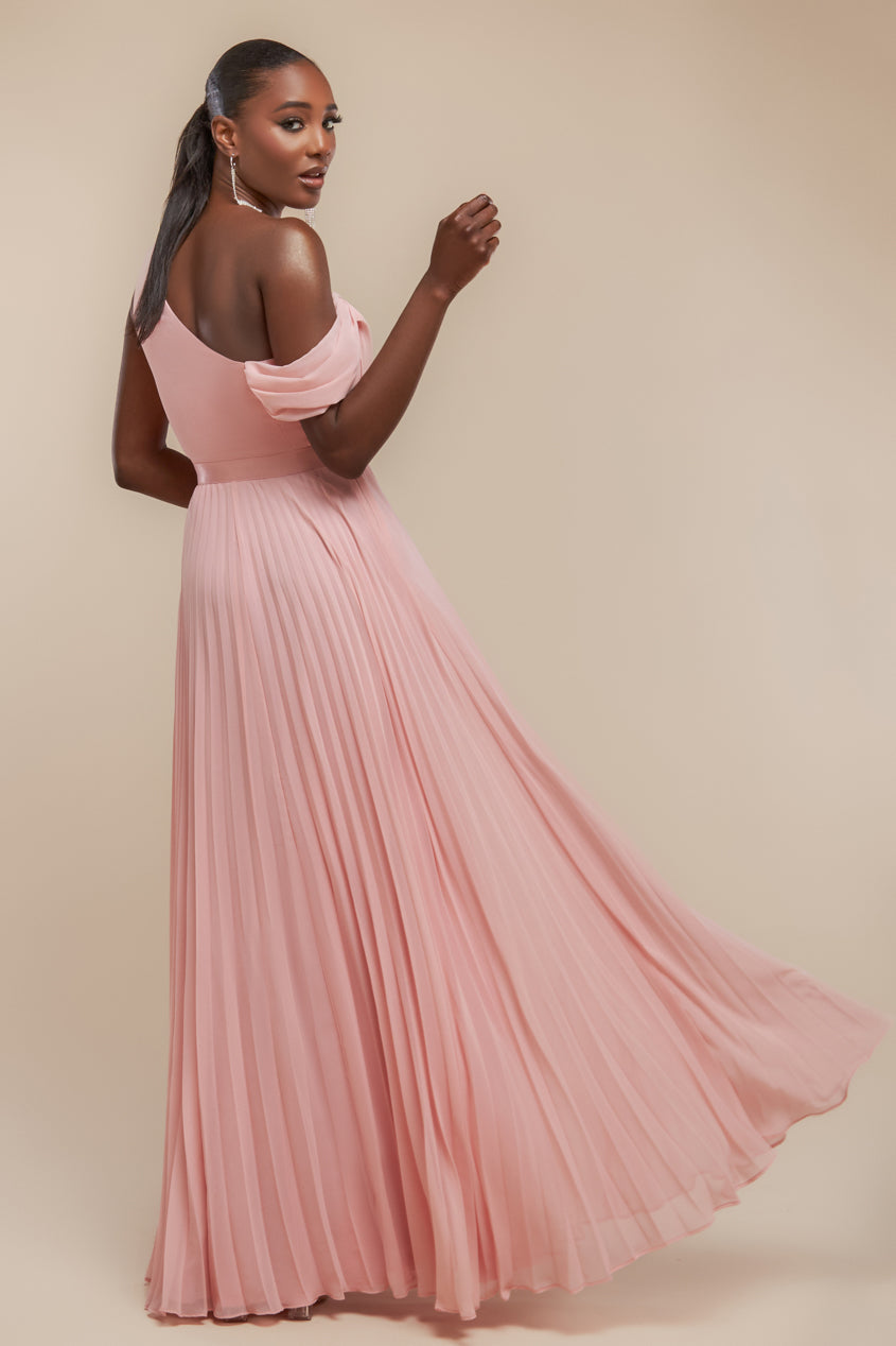 Goddiva Cowl Neck One Shoulder A Line Chiffon Maxi Dress - Blush Pink
