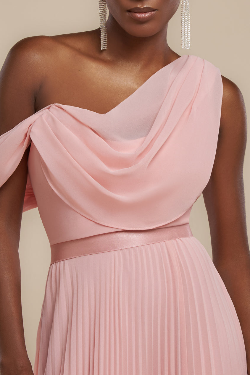 Goddiva Cowl Neck One Shoulder A Line Chiffon Maxi Dress - Blush Pink