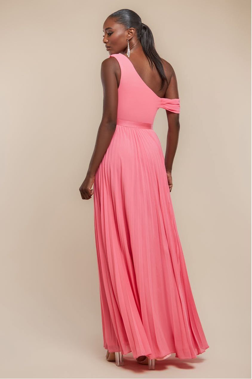 Goddiva Cowl Neck One Shoulder A Line Chiffon Maxi Dress - Coral