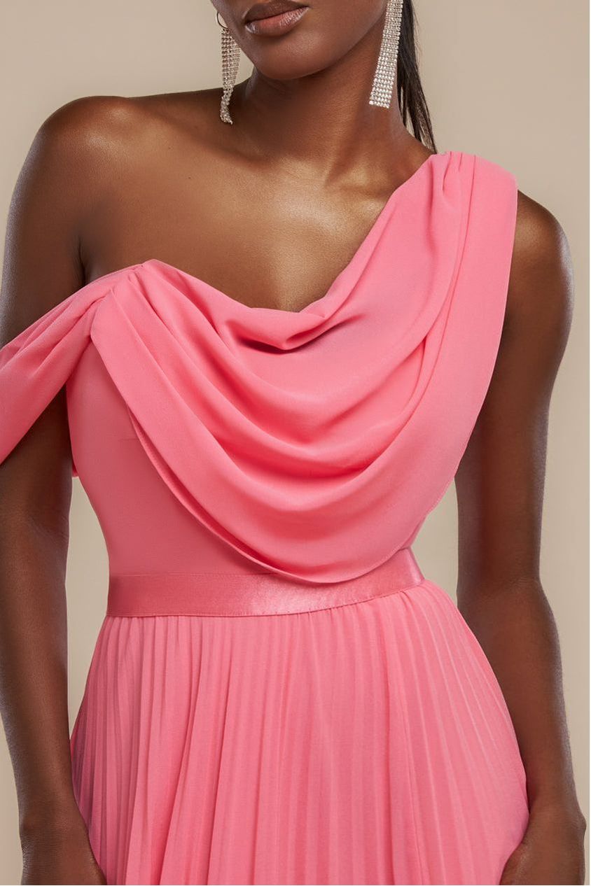 Goddiva Cowl Neck One Shoulder A Line Chiffon Maxi Dress - Coral