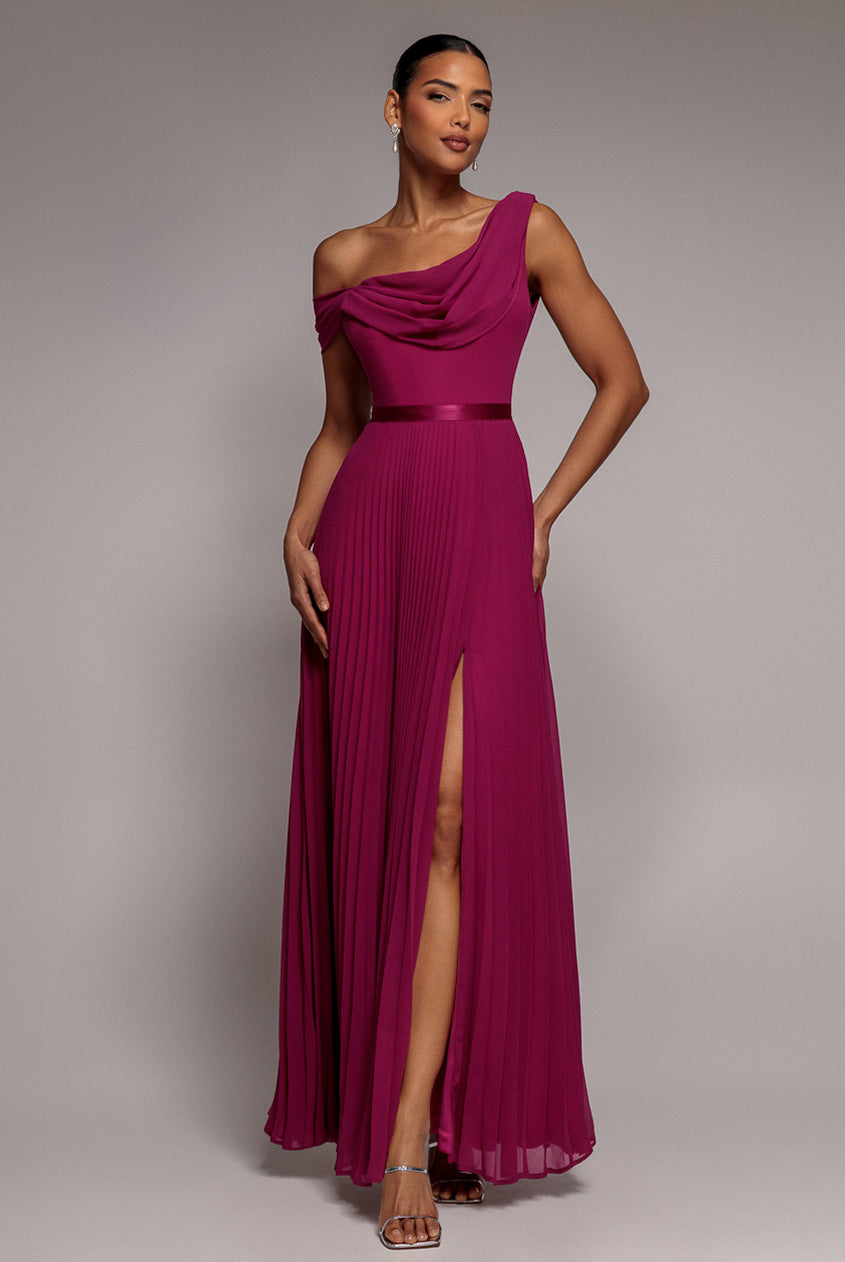 Goddiva Cowl Neck One Shoulder A Line Chiffon Maxi Dress - Magenta