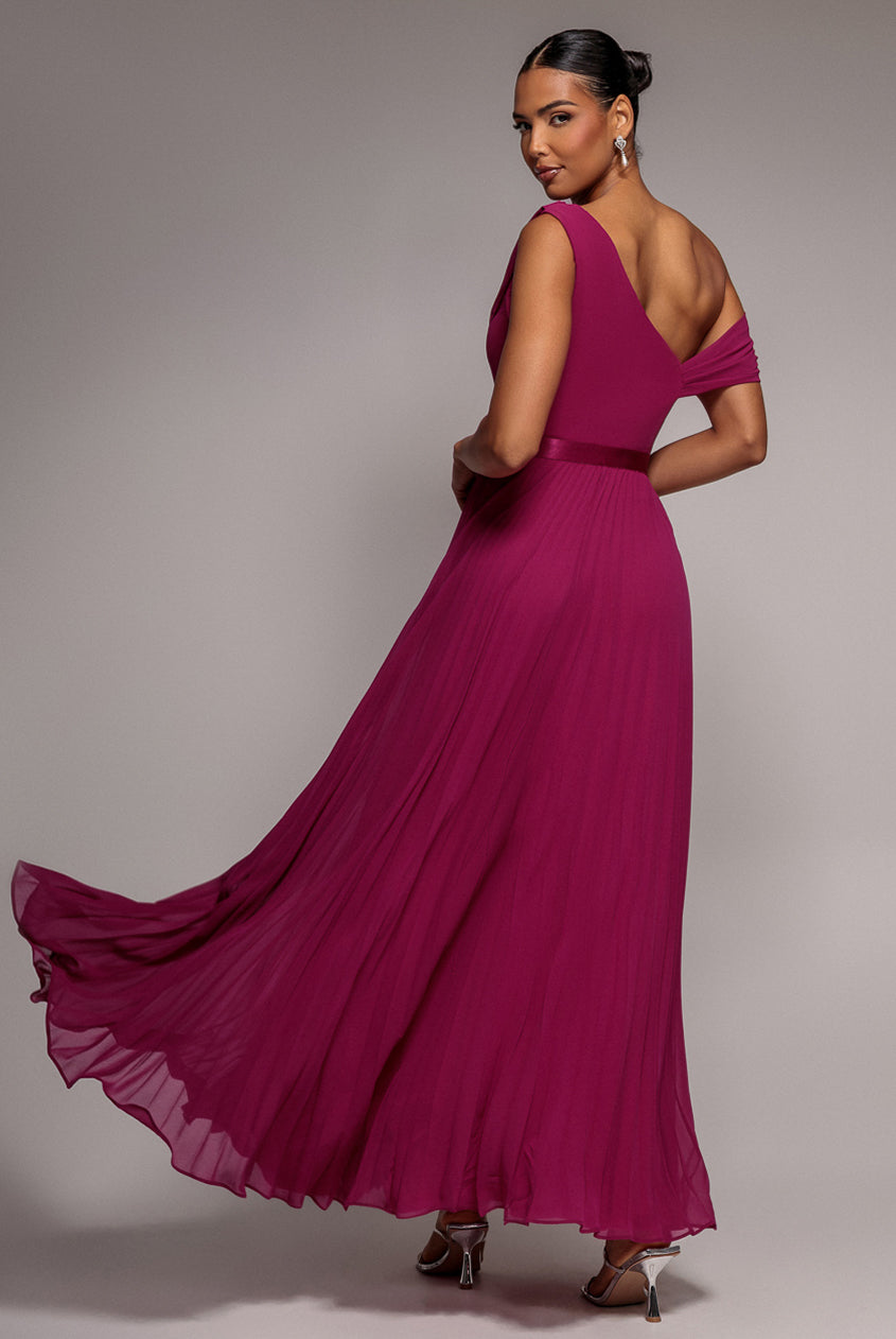 Goddiva Cowl Neck One Shoulder A Line Chiffon Maxi Dress - Magenta