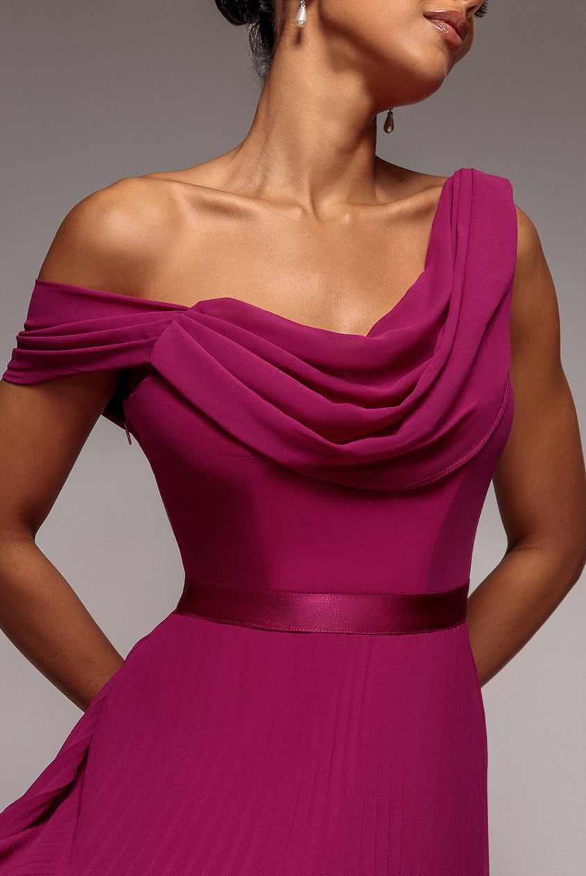 Goddiva Cowl Neck One Shoulder A Line Chiffon Maxi Dress - Magenta